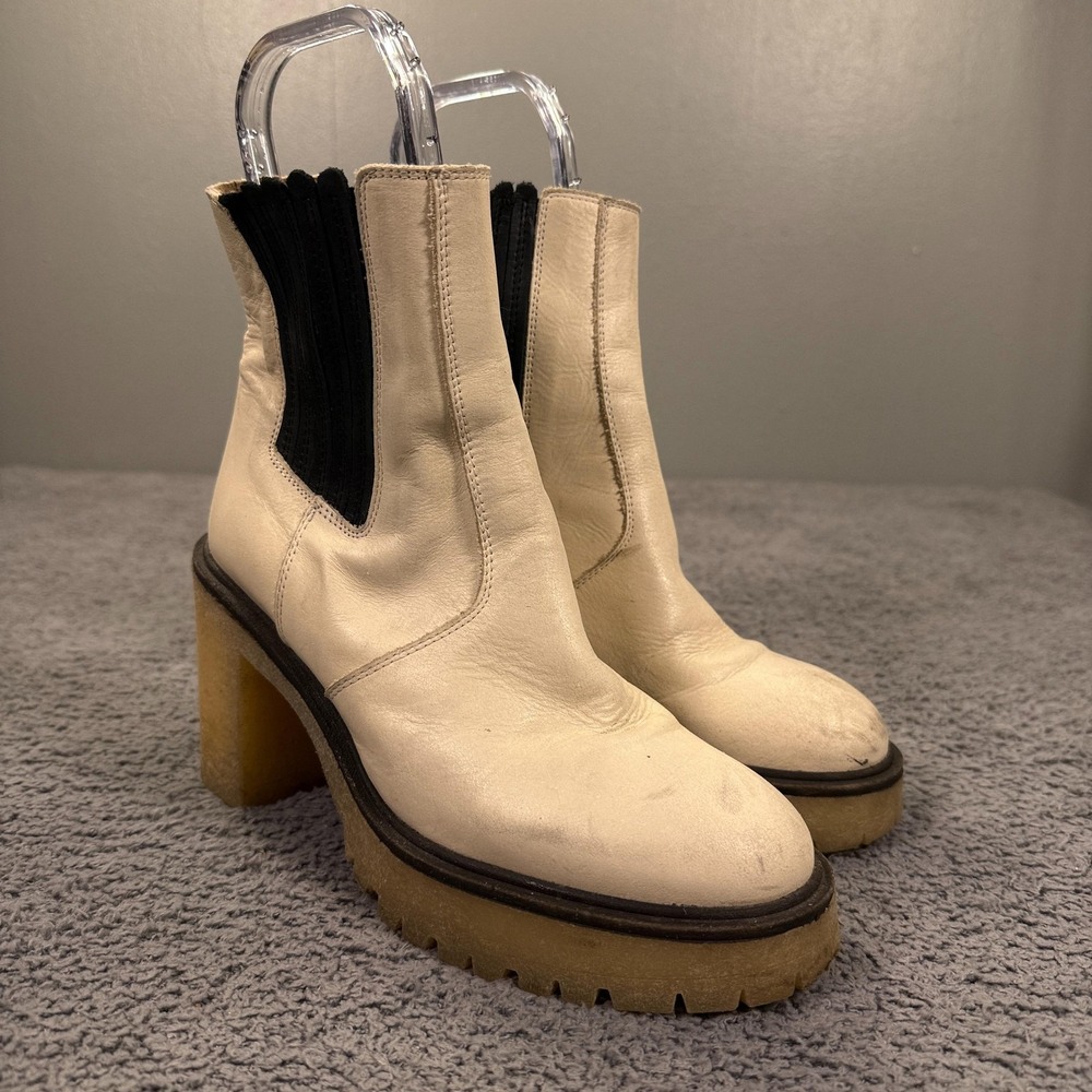 Free People Chunky Boots Women 38 US 8 White Leather Chelsea Block Heel Lug Sole